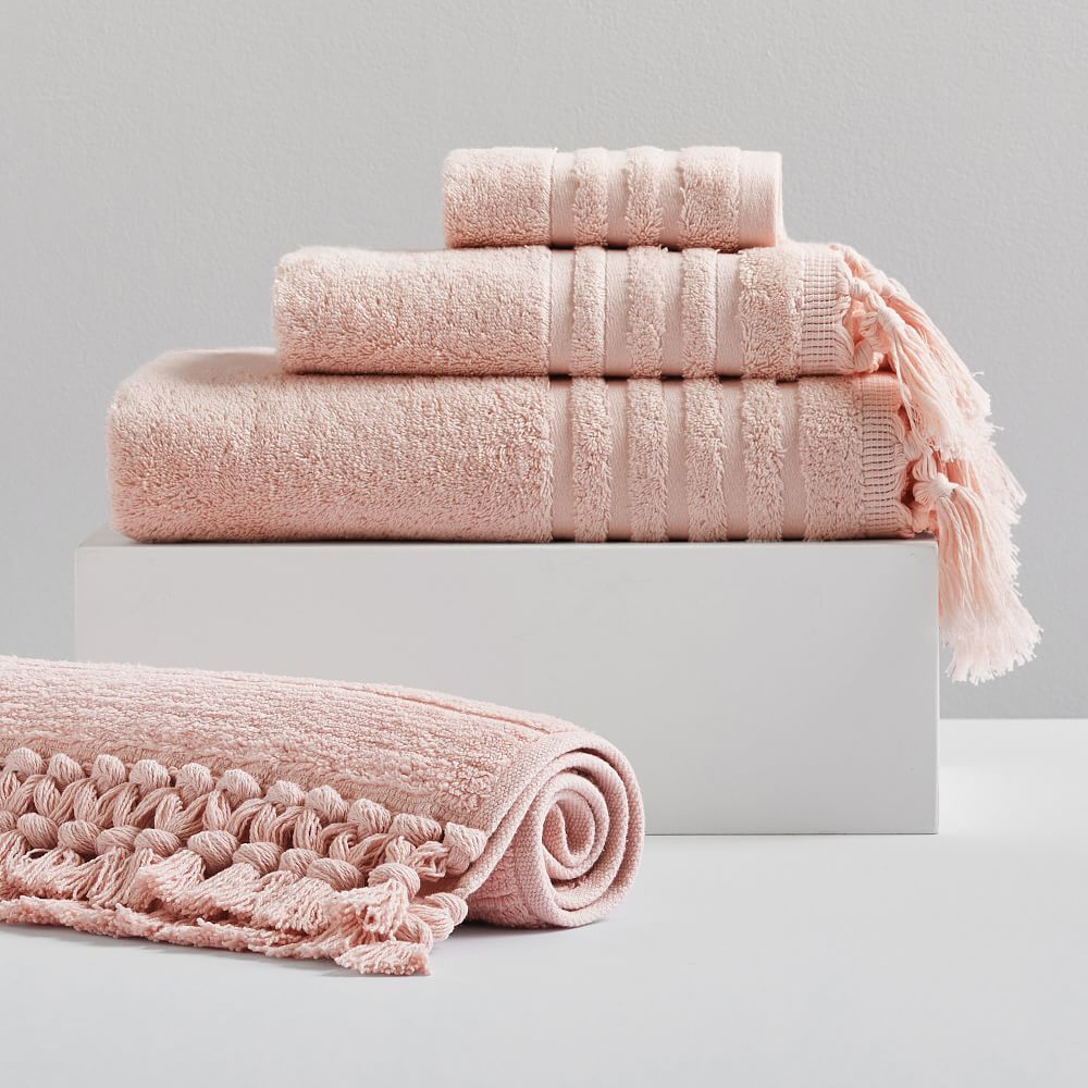 Classic Tassel Towel &amp; Bath Mat Set - Blush