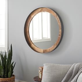 Round Wood and Metal Wall Mirror