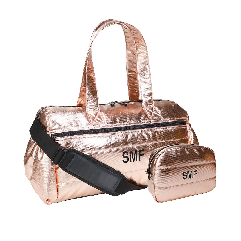 Metallic Puffer Rose Gold Duffle + Cosmetic Bag Set