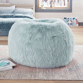 Feathery Faux Fur Porcelain Blue Bean Bag Chair Slipcover Only