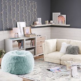Feathery Faux Fur Porcelain Blue Bean Bag Chair Slipcover Only