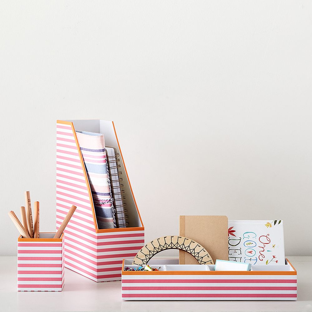 Printed Paper Desk Accessories Set, Pink Stripe With Tangerine Trim