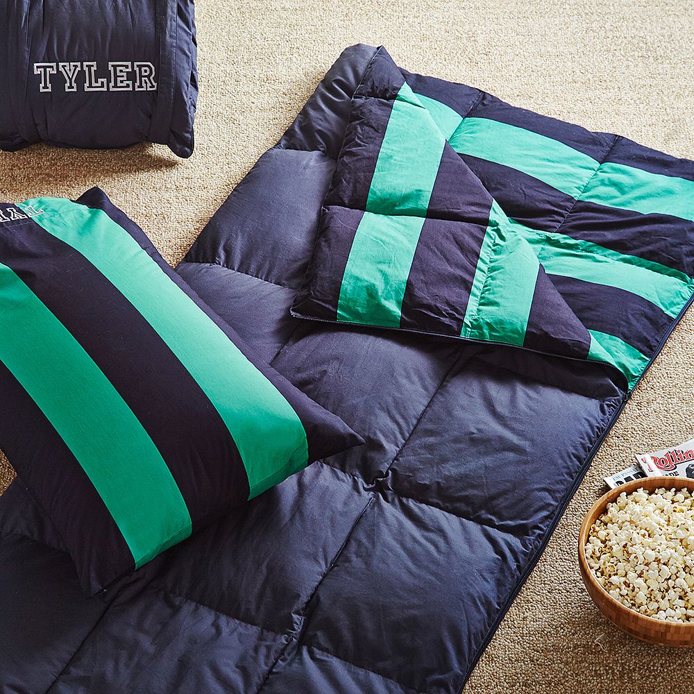 Rugby Stripe Sleeping Bag &amp; Pillowcase, Navy/Bright Green