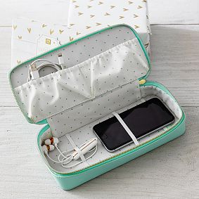 Classic Leather Tech Pouch &amp; Ear Bud Holder Set, Pool
