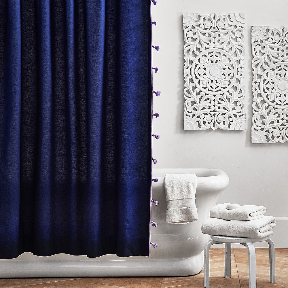Color On Color Tassel Shower Curtain, Navy