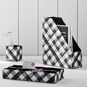 Fabric Desk Accessories, Set of 3, Black Watercolor Plaid