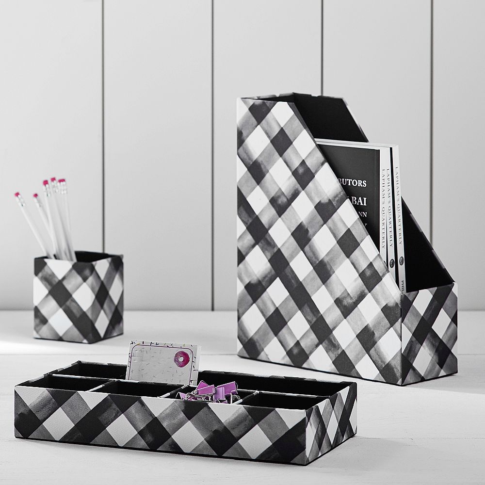 Fabric Desk Accessories, Set of 3, Black Watercolor Plaid