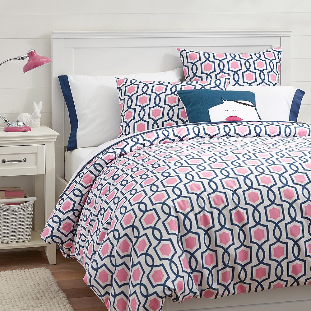 Trellis Twist Duvet Cover + Sham, Bright Pink/Royal Navy