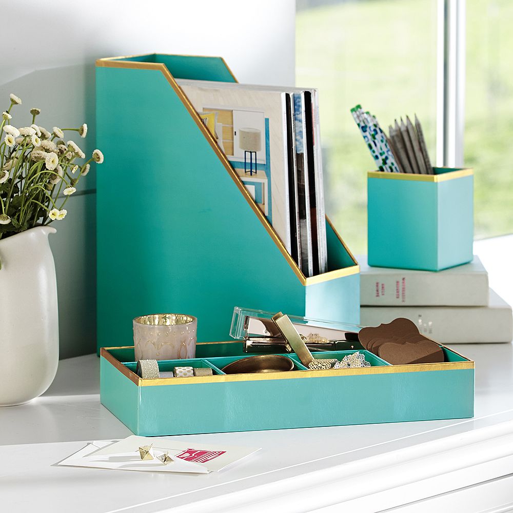Printed Paper Desk Accessories Set, Solid Pool With Gold Trim