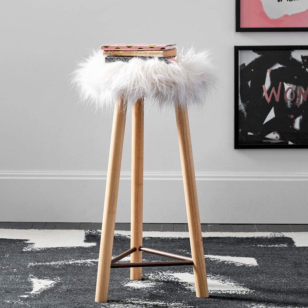 Ivory Himalayan Faux-Fur Stool