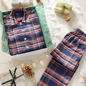 Fireside Plaid Flannel Pajama Set, Navy/Orange