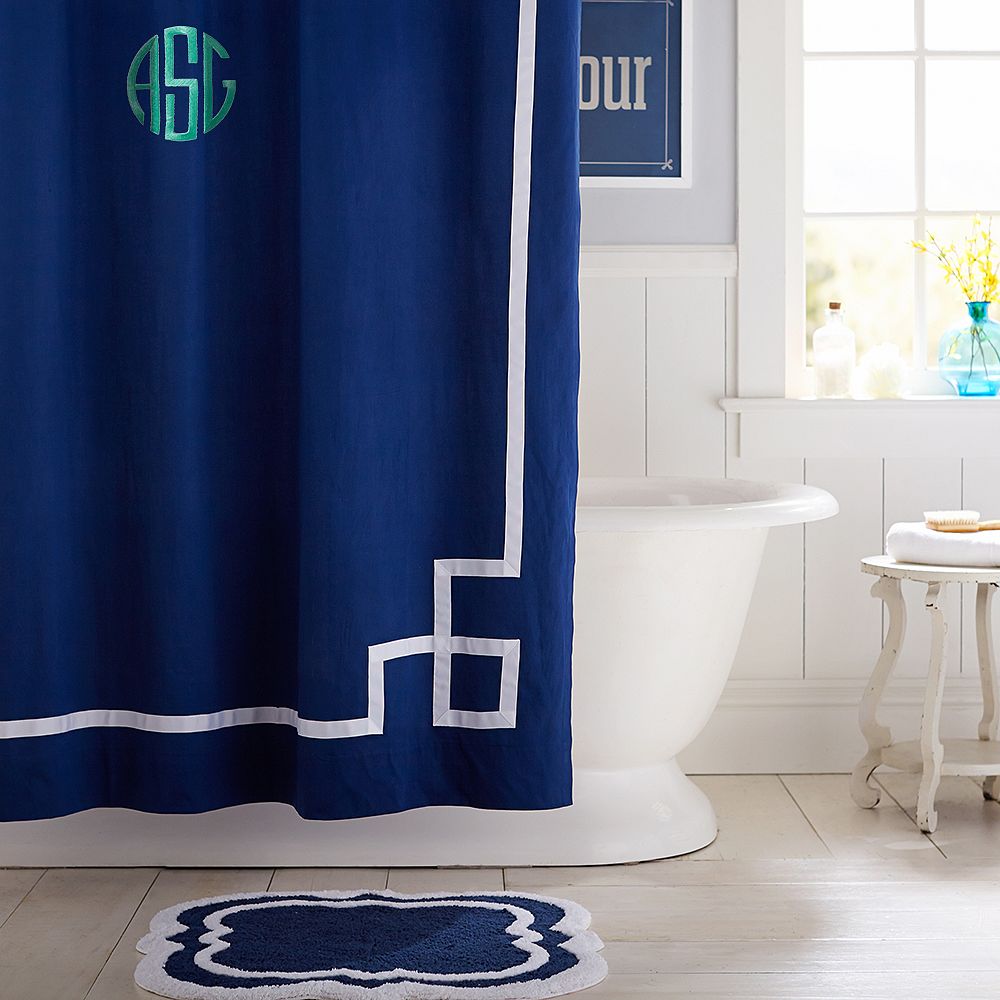 Emma Ribbon Trim Shower Curtain, Royal Navy