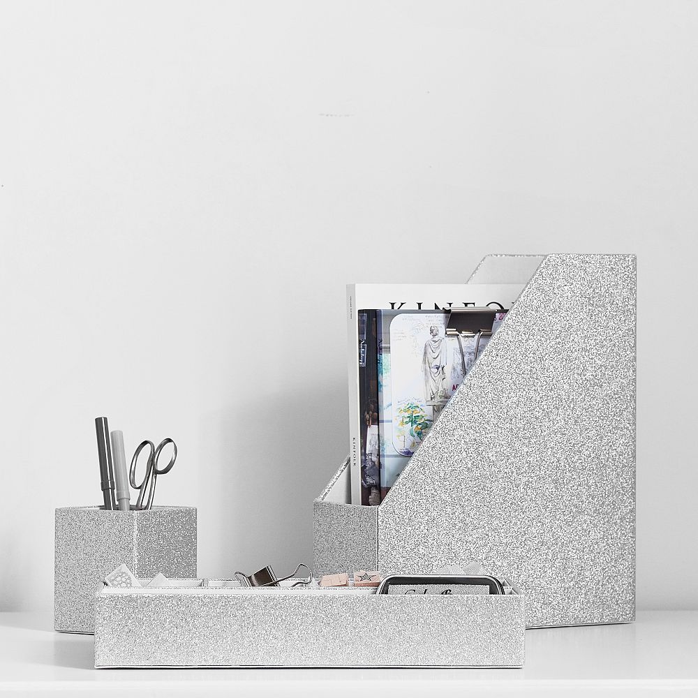 Fabric Desk Accessories, Set of 3, Silver Glitter