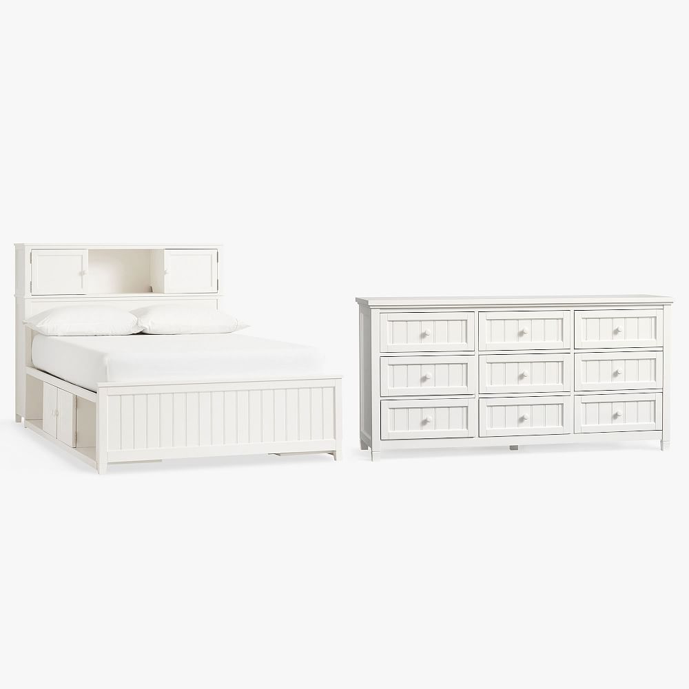 Beadboard Storage Bed &amp; 9-Drawer Dresser Set - Simply White