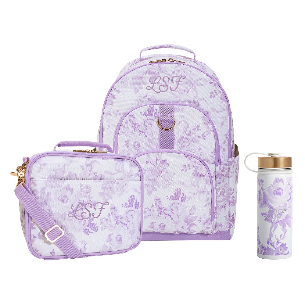 Gear-Up LoveShackFancy Lavender Damask Backpack and Cold Pack Lunch Box Bundle, Set of 3