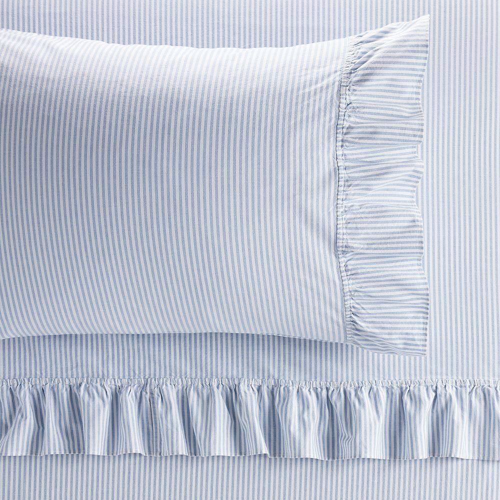 Washed Cotton Ruffle Stripe Sheet Set-Chambray Blue