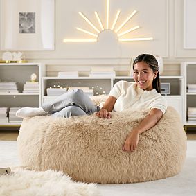 Large Sparkle Faux Fur Taupe Bean Bag Chair Slipcover Only