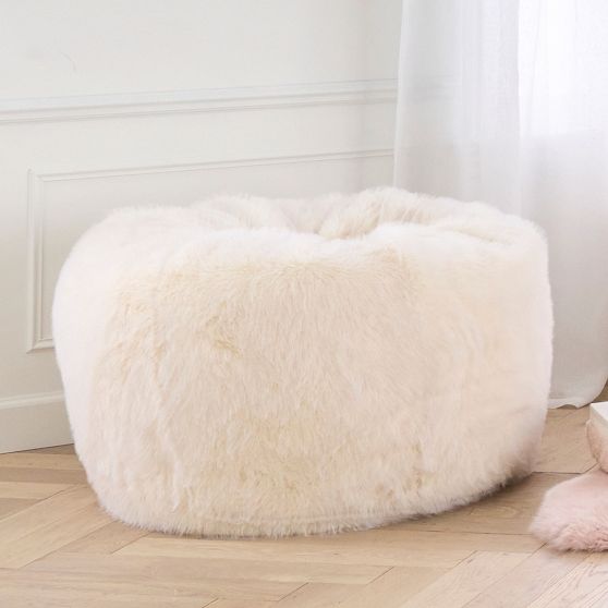 Large Feathery Faux Fur Ivory Bean Bag Chair