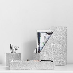 Fabric Desk Accessories, Set of 3, Silver Glitter