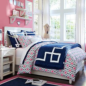 Trellis Twist Duvet Cover + Sham, Bright Pink/Royal Navy