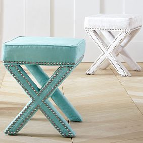 Studded X-Frame Ottoman Stool