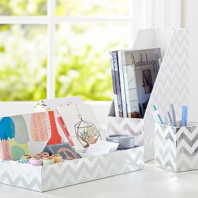 Printed Paper Desk Accessories Set, Metallic Silver Foil Chevron