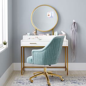 Distressed Velvet Pleated Swivel Desk Chair - Aqua