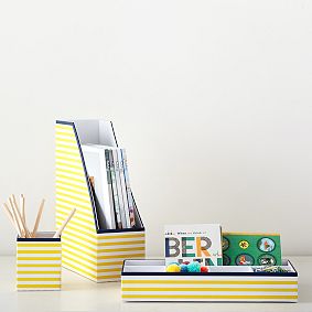 Printed Paper Desk Accessories Set, Yellow Stripe With Navy Trim