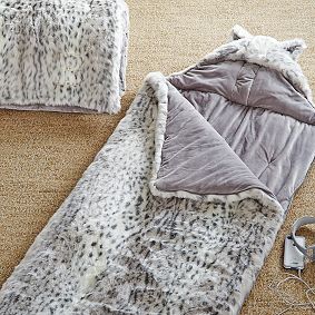 Faux Fur Sleeping Bag W/ Hood, Gray Leopard
