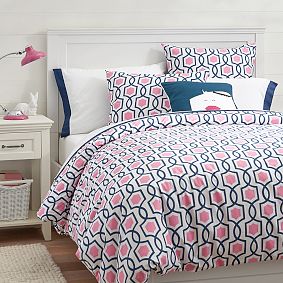 Trellis Twist Duvet Cover + Sham, Bright Pink/Royal Navy