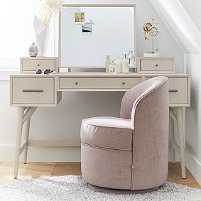 Distressed Velvet Light Pink Everly Vanity Swivel Chair