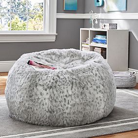 Large Gray Leopard Faux Fur Bean Bag Chair