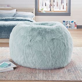 Large Feathery Faux Fur Porcelain Blue Bean Bag Chair