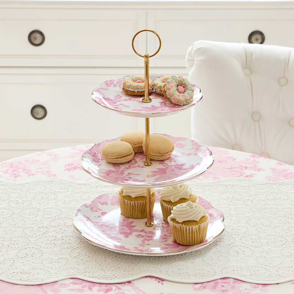 LoveShackFancy Porcelain Three-Tier Plate Stand - Pink Damask