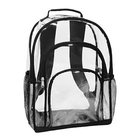 24 Pack Of Clear PVC Backpacks Bulk - Transparent Medium Backpacks For School, Work, Gym, Travel (Black Trim)