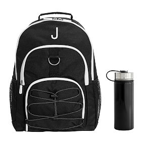 Color Block Black and White Backpack and Solid Black Slim Water Bottle Bundle