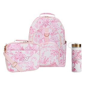 Gear-Up LoveShackFancy Pink Damask Backpack and Cold Pack Lunch Box Bundle, Set of 3