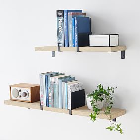 Wooden Shelf With Metal Bookend Sliders- Brushed Fog/Black