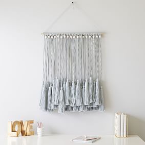 Gray Tassel &amp; Wood Beaded Wall Hanging