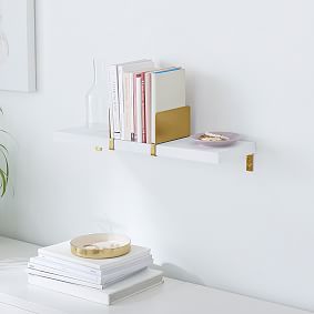 Wooden Shelf With Metal Bookend Sliders- White/Gold