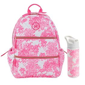 Lilly Pulitzer Quilted Pink Toile Backpack &amp; Water Bottle Bundle