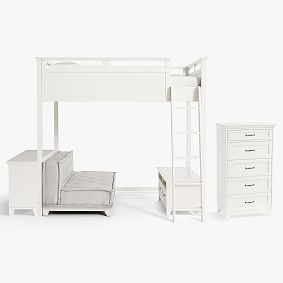 Hampton Loft Bed with Cushy Loveseat, Media &amp; Bookcase Set &amp; 5-Drawer Tall Dresser Set