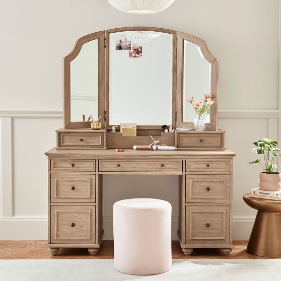 makeup dresser Amerlife Starling 55" Vanity Large Mirror Hollywood Lights Bulbs Bedroom Vanity 2 extra tabletop drawers Chelsea Smart Storage Vanity Desk