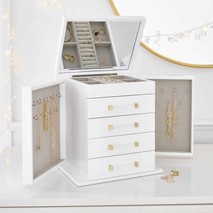 jewelry dresser HOOBRO Box with Mirror, Jewelry Organizer Box with Capacious Storage Space, Jewelry Holder Organizer, Hand-Held Jewelry Case, Vertical Storage, Modern Style, White and Light Gold WT06JB04G1 : Clothing, Shoes & Keep jewelry and small accessories easy to find with divided drawers Hillary Jewelry Armoire ~ White