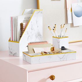 Paper Desk Accessories, Set of 3, White Marble