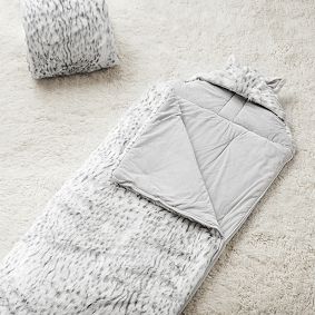 Gray Leopard Faux-Fur Hooded Sleeping Bag