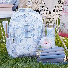 LoveShackFancy Damask Blue Backpack and Slim Water Bottle Bundle