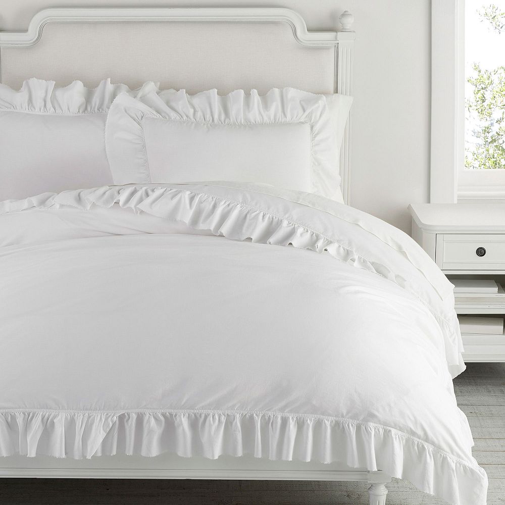 Washed Cotton Ruffle Organic Duvet Cover - King, White