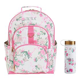 LoveShackFancy Pink Floral Ribbon Backpack and Slim Water Bottle Bundle