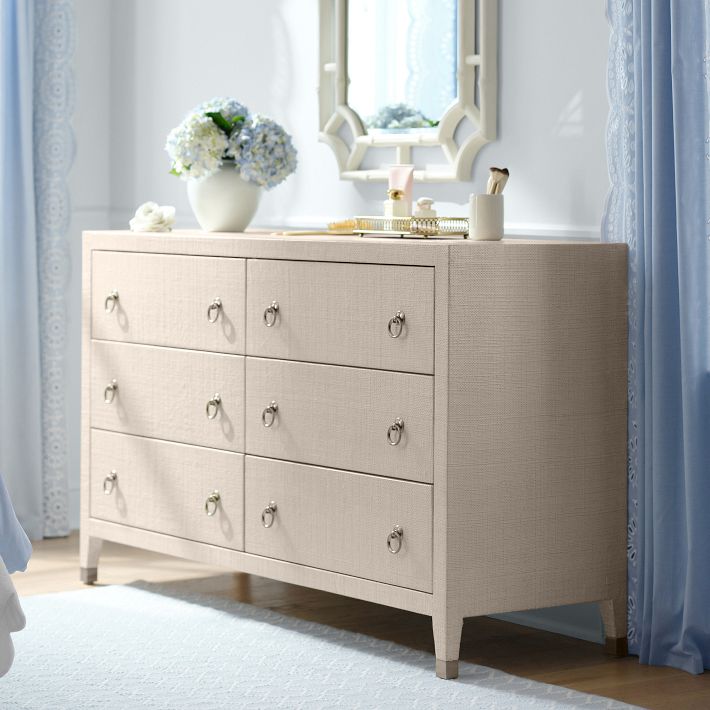6 drawer piper cream dresser AERIN 6 Drawer Raffia Dresser, Whitewash Chambray